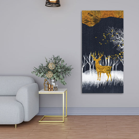 Dark Night Golden Deer with Birds Premium Canvas Wall Painting