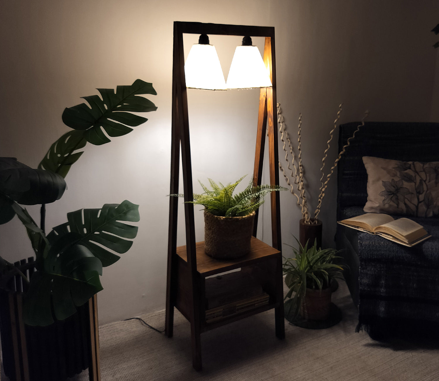 Decorative Wooden Floor Lamp with Brown Base and Jute Fabric Lampshade