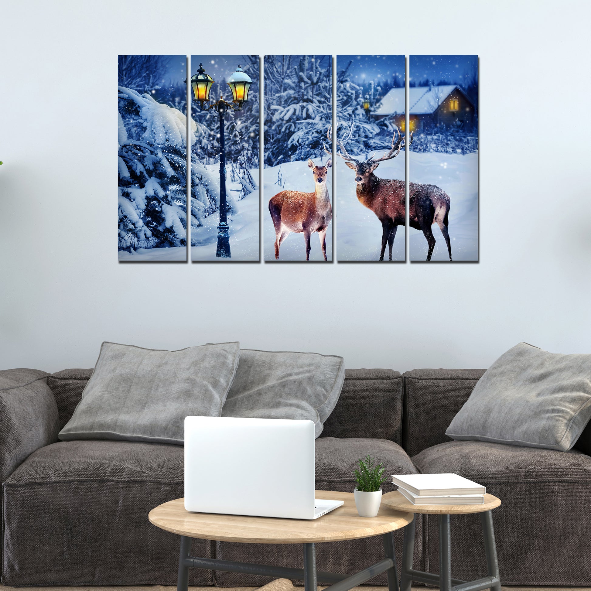 Deer in Snowy Forest Canvas Wall Painting Set of Five