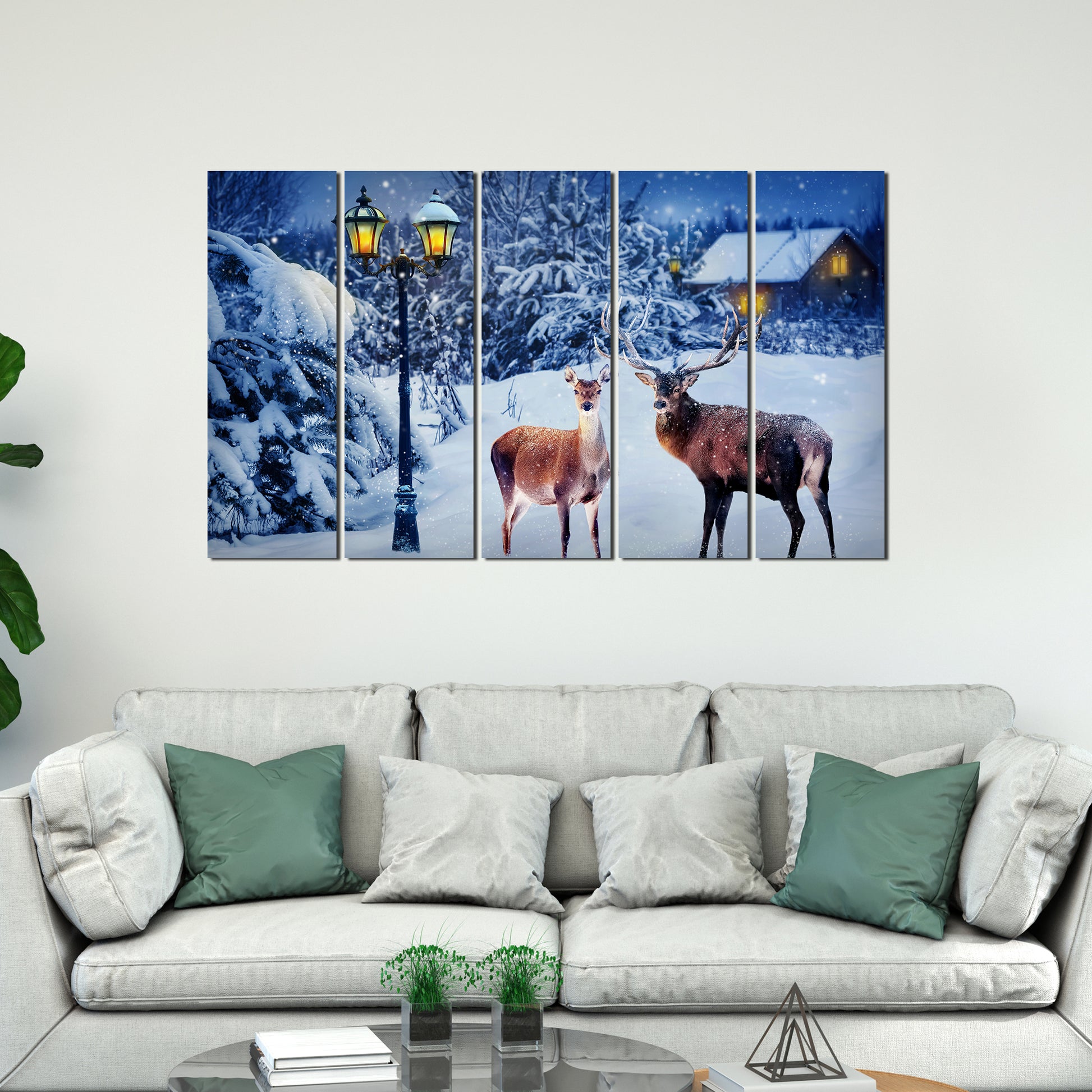 Deer in Snowy Forest Canvas Wall Painting Set of Five