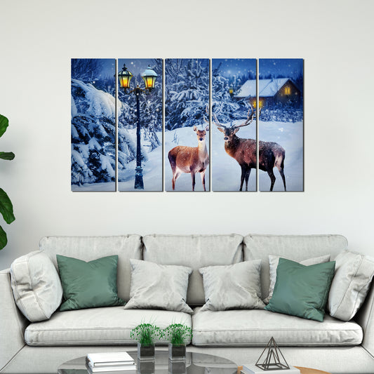 Deer in Snowy Forest Canvas Wall Painting Set of Five