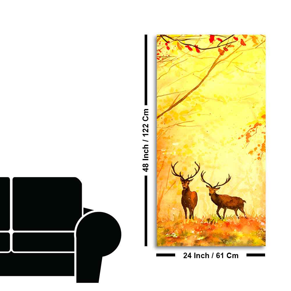 Deer in Autumn Forest Vertical Canvas Wall Painting