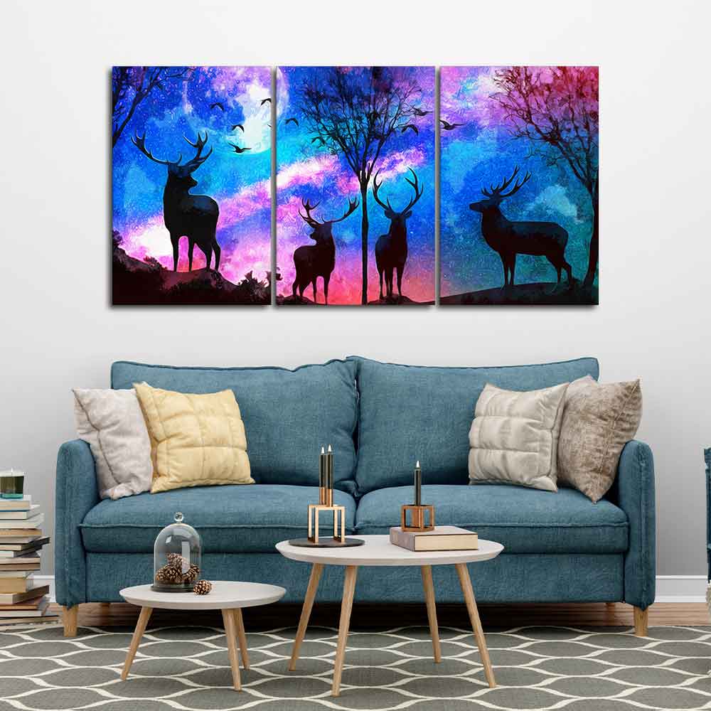 Deer in Forest Canvas Wall Painting of 3 Pieces