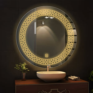 Designer Floral Pattern Art LED Rounded Shape Bathroom Wall Mirror