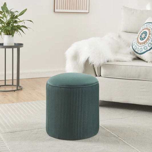 Designer Wide Round Tufted Dark Green Velvet Ottoman