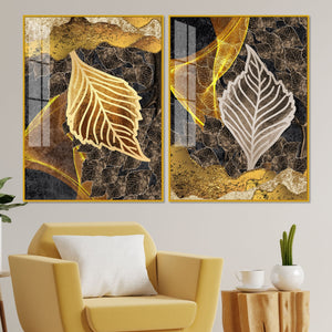 Detailed Leaves Pattern Acrylic Floating Wall Painting Set of 2