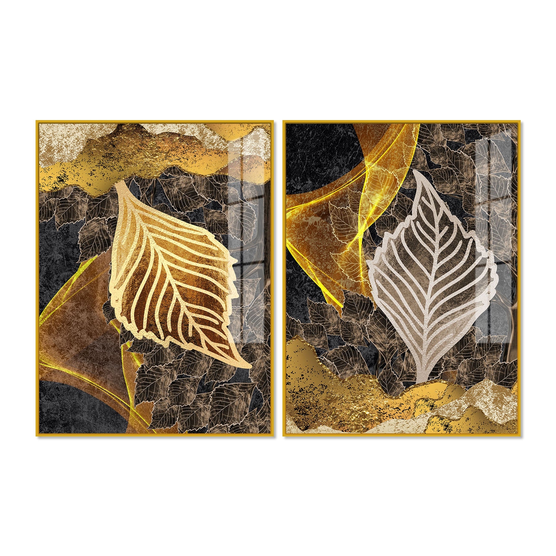 Detailed Leaves Pattern Acrylic Floating Wall Painting Set of 2