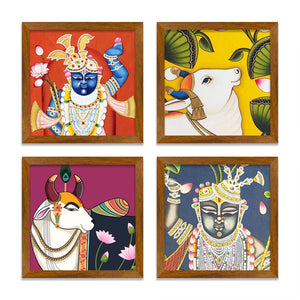 Devine Shrinathji Pichwai Cow Wooden Wall Frame Set of Four