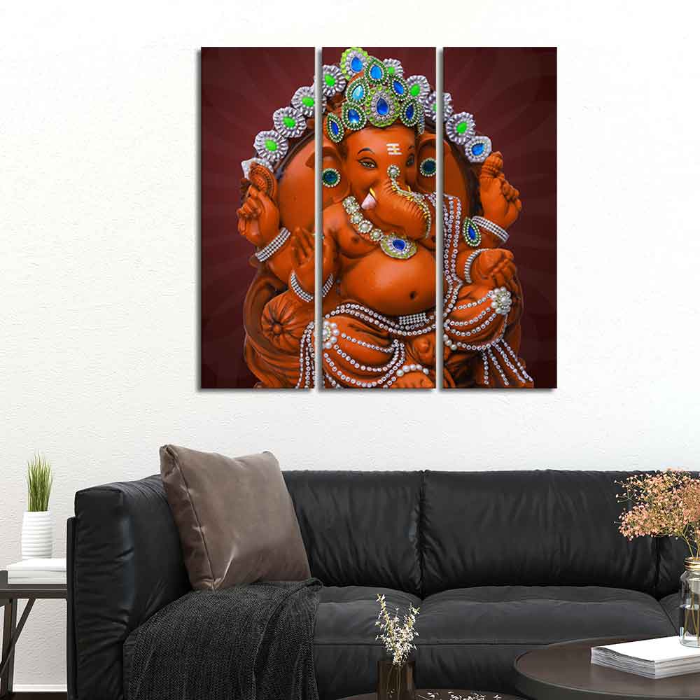 Divine Ganesha Sculpture Canvas Wall Painting Set of Three