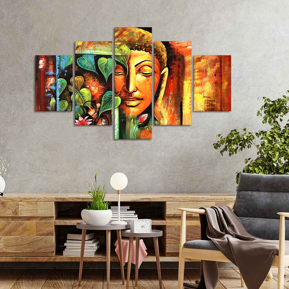 Divine Gautama Buddha Face Premium Frame Wall Painting of Five Pieces