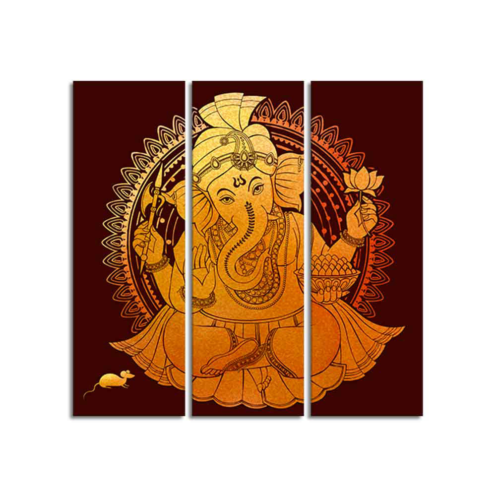 Divine Shree Ganesh Canvas Wall Painting of Three Pieces