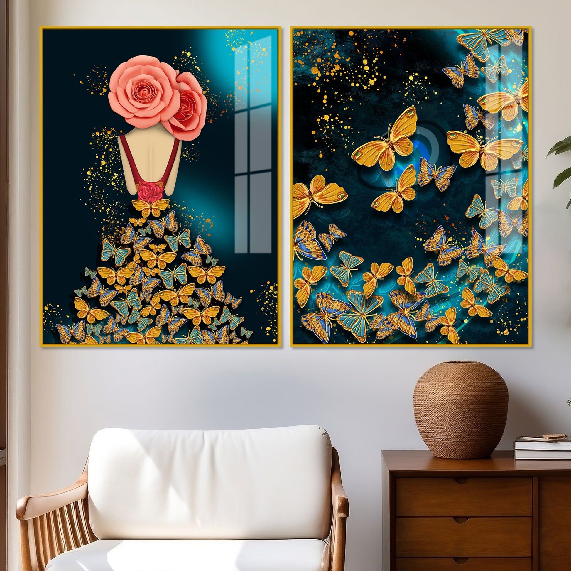 Dress of Golden Butterflies Acrylic Floating Wall Painting Set of 2