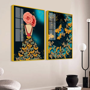 Dress of Golden Butterflies Acrylic Floating Wall Painting Set of 2