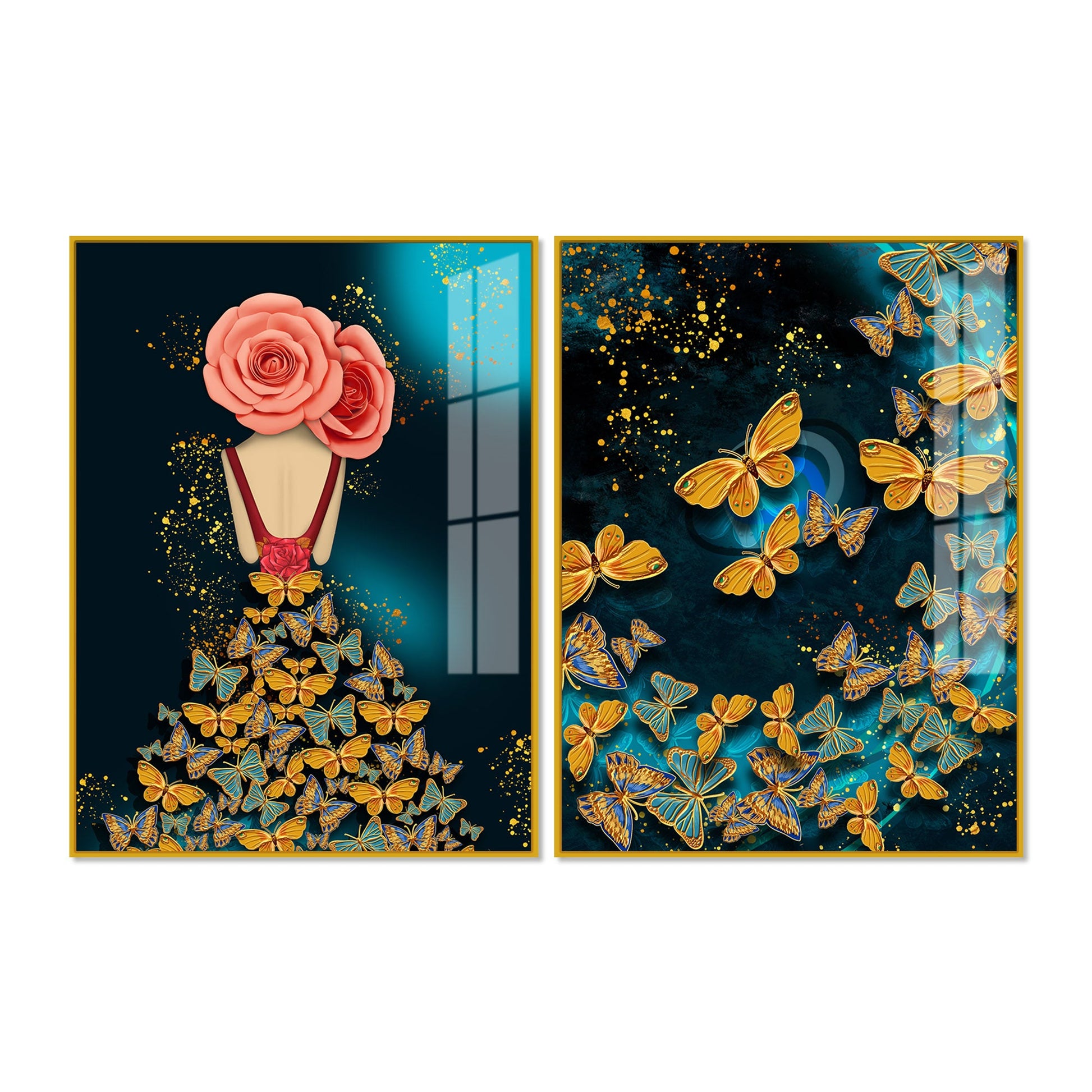 Dress of Golden Butterflies Acrylic Floating Wall Painting Set of 2