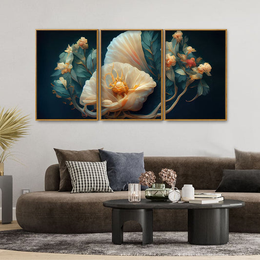 Elegant Floral Flower art Floating Canvas Wall Painting Set of Three