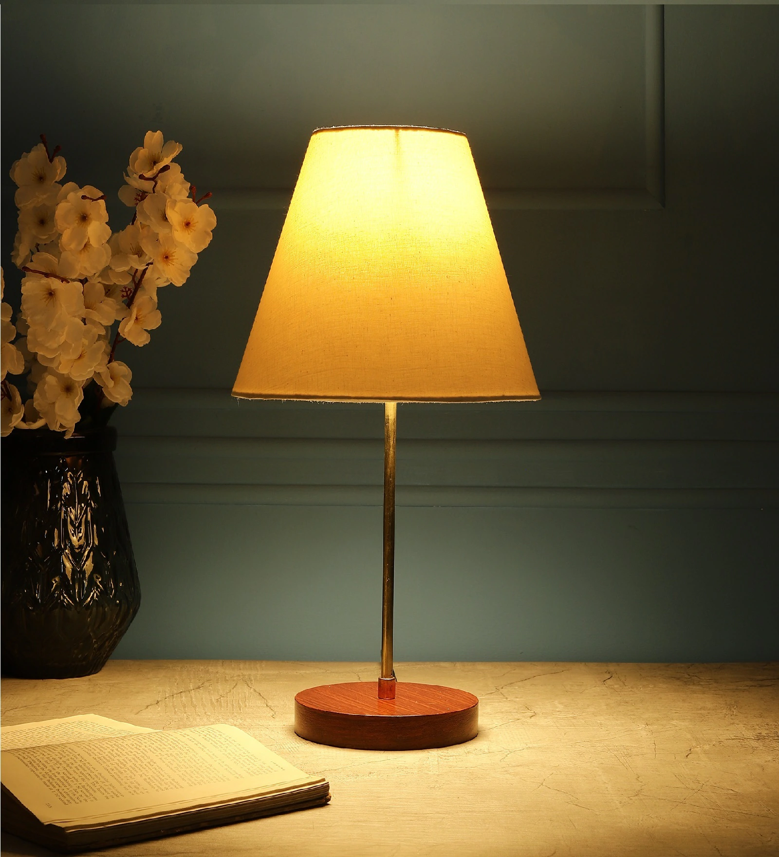 Elegant Night Lamp with Wooden Base Table Lamp White Shade