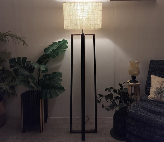 Elegant Wooden Floor Lamp with Brown Base and Beige Color Fabric