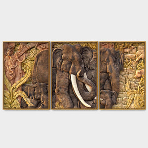 Elephant Family in the Forest Textured Art Floating Canvas Wall Painting Set of Three