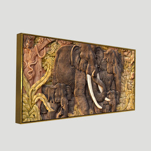 Elephant Family in the Forest Textured Art Premium Wall Painting