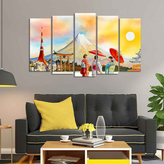 Famous Places of Japan Canvas Wall Painting Set of Five