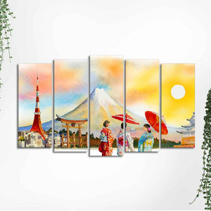 Famous Places of Japan Canvas Wall Painting Set of Five