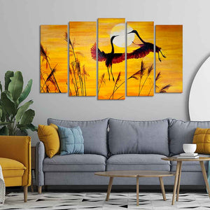 Flamingos Flying in Sunset 5 Pieces Wall Painting