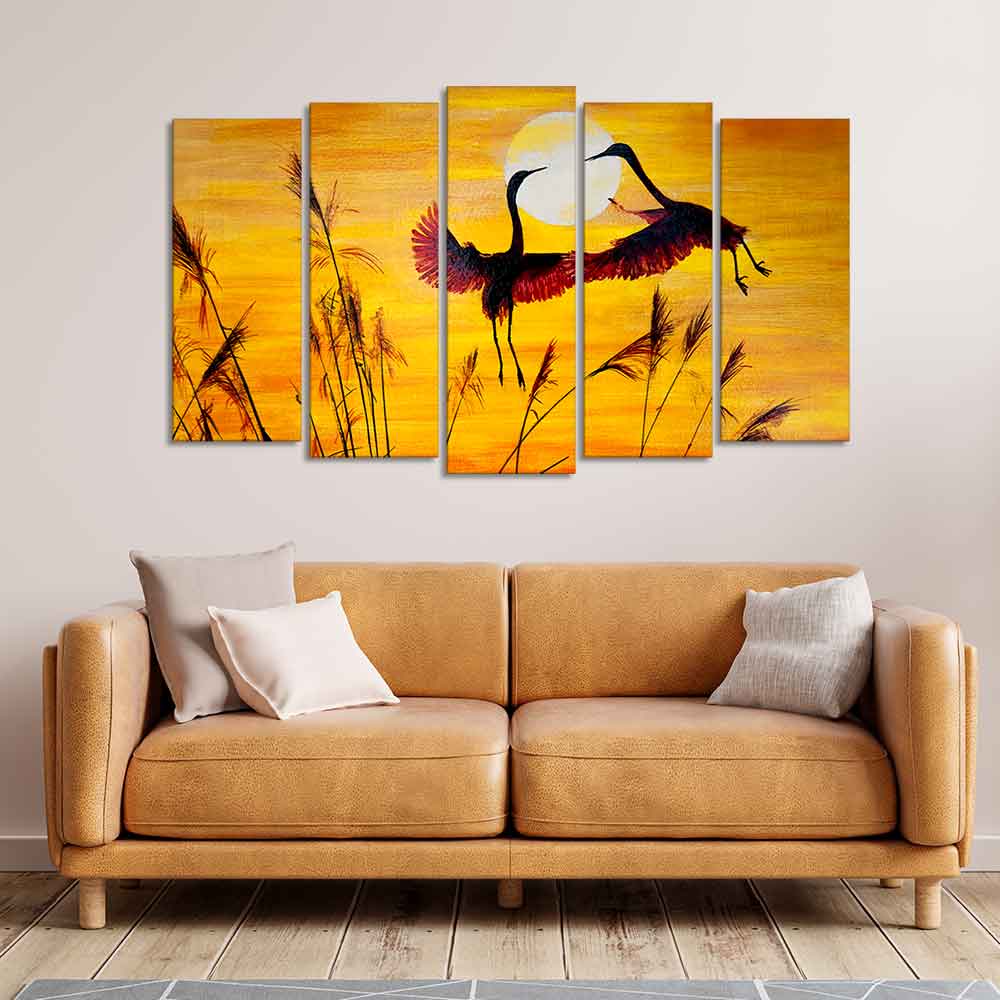 Flamingos Flying in Sunset 5 Pieces Wall Painting