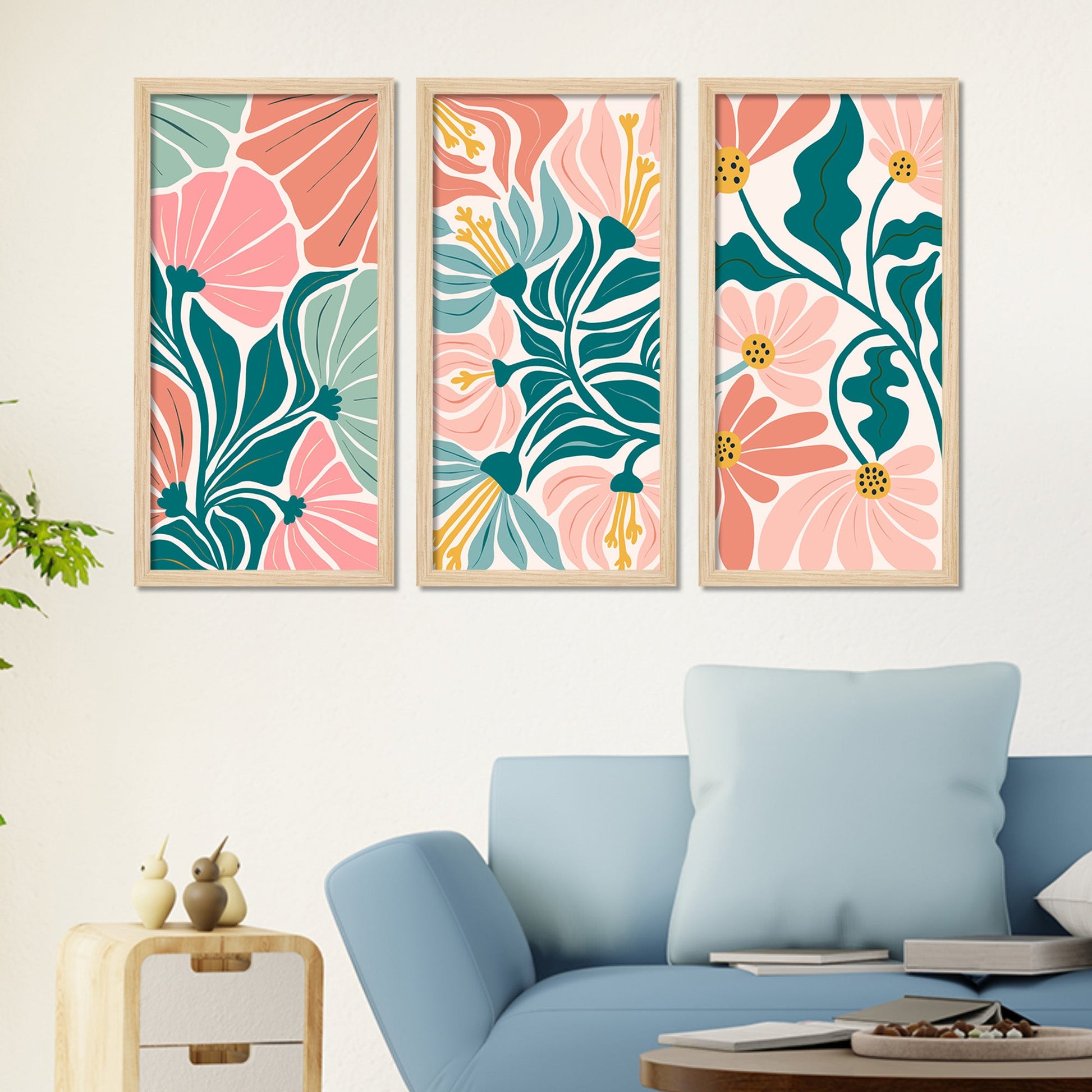 Floral abstract elements Botanical Art Wooden Wall Frame Set of Three