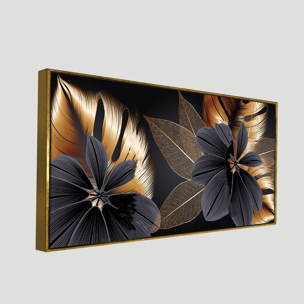 Flowers with Golden Monstera Leaves Wall Painting