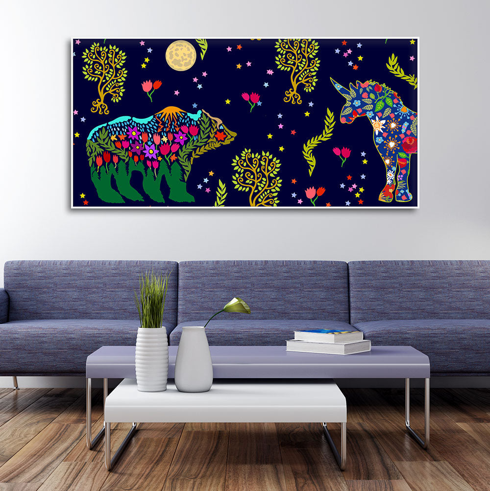 Folk Art Night Bears Canvas Wall Painting