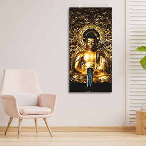 Gautam Buddha Golden Sculpture Vertical Wall Painting