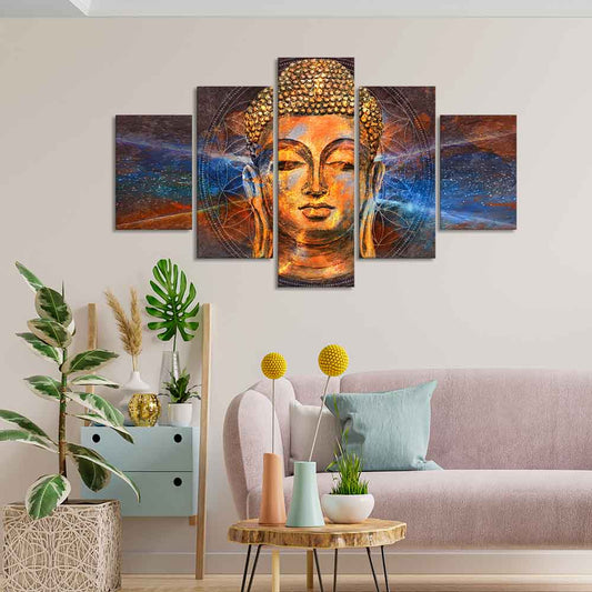 Gautam Buddha Head Canvas Wall Painting of Five Pieces