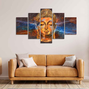 Gautam Buddha Head Canvas Wall Painting of Five Pieces