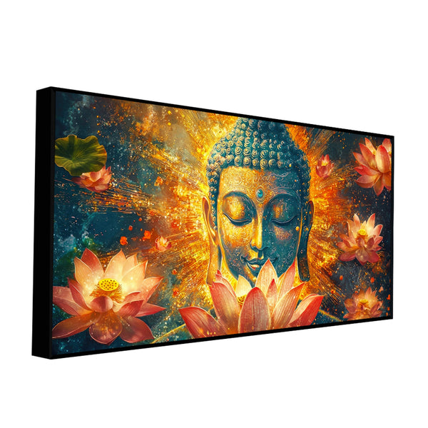 Gautam Buddha Statue with Lotus Flowers Background Canvas Wall Painting