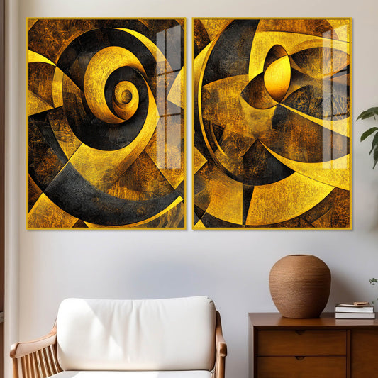 Geometric Abstract Golden Pattern Acrylic Floating Wall Painting Set of 2