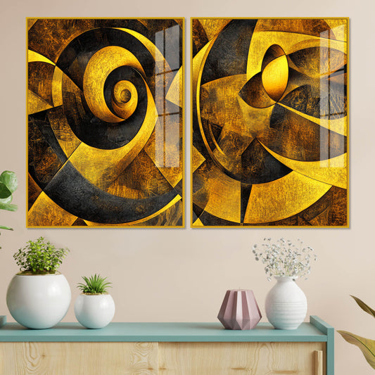 Geometric Abstract Golden Pattern Acrylic Floating Wall Painting Set of 2