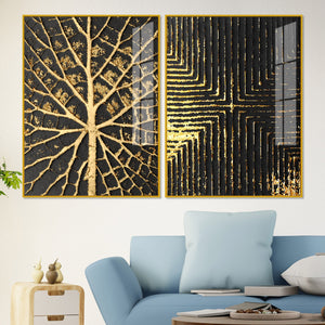 Geometric and Leaf Pattern Acrylic Floating Wall Painting Set of 2