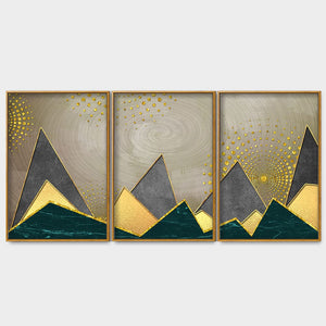 Geometric Shapes with Golden and dark triangles Floating Canvas Wall Painting Set of Three