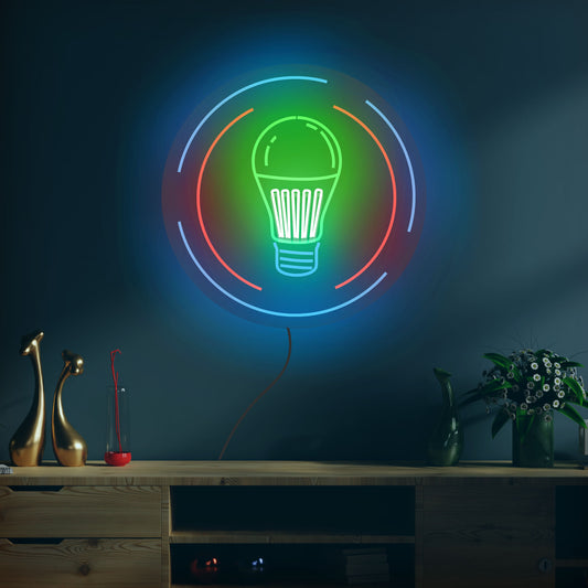 Glowing Neon Sign of Green LED Light Bulb