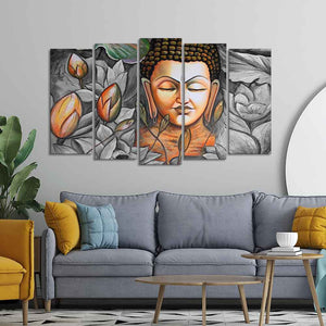 God Buddha Meditating Canvas Wall Painting Set of Five Pieces