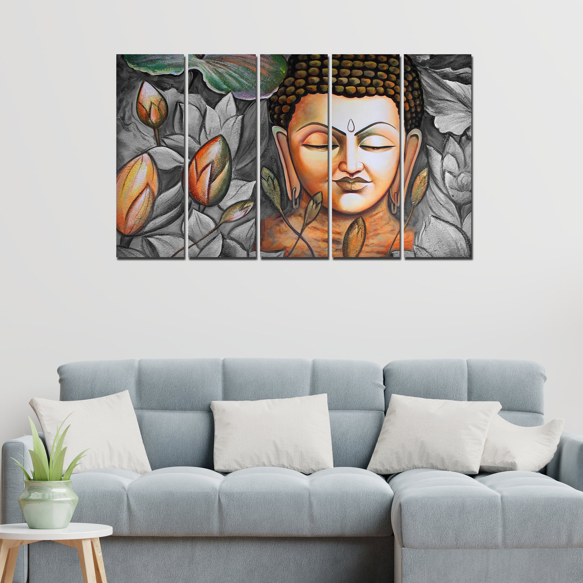 God Buddha Meditating Canvas Wall Painting Set of Five