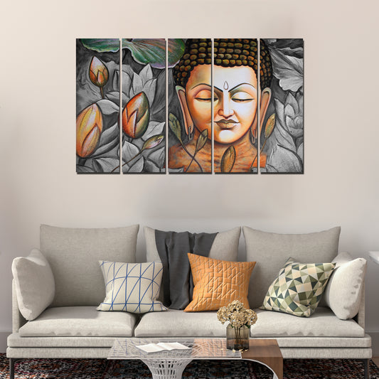 God Buddha Meditating Canvas Wall Painting Set of Five