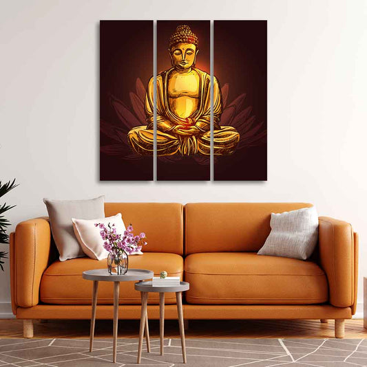 God Gautam Buddha Canvas Wall Painting of 3 Pieces