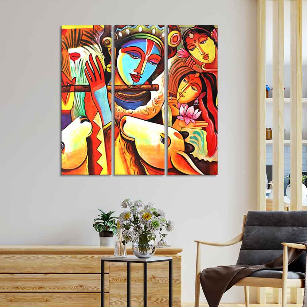 God Radha Krishna Beautiful Wall Painting of 3 Pieces