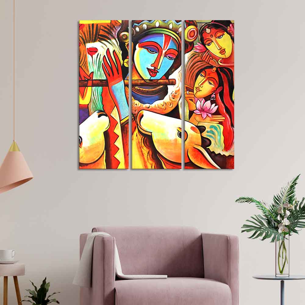 God Radha Krishna Beautiful Wall Painting of 3 Pieces