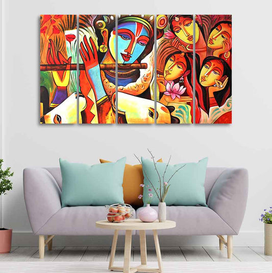 God Radha Krishna Beautiful Wall Painting of Five Pieces