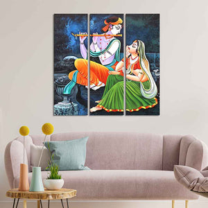 God Radha Krishna Playing Flute Wall Painting of 3 Panels