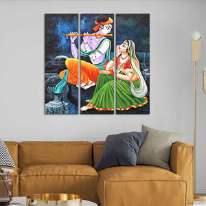 God Radha Krishna Playing Flute Wall Painting of 3 Panels