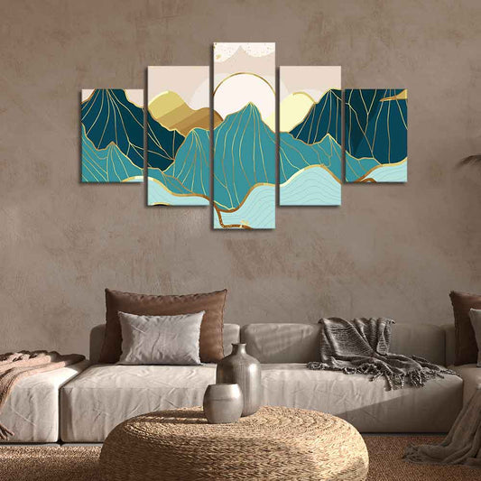 Gold Mountain Landscape Line art with Sunrise Background 5 Pieces Wall Painting
