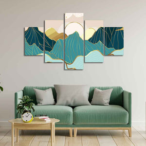 Gold Mountain Landscape Line art with Sunrise Background 5 Pieces Wall Painting